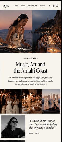 Music, Art and the Amalfi Coast experience page on mobile