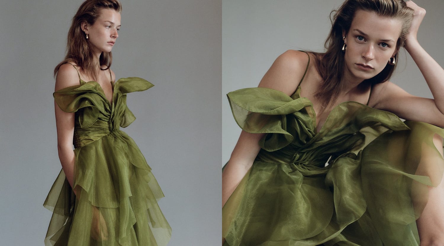 Aje campaign diptych with a sculptural olive gown