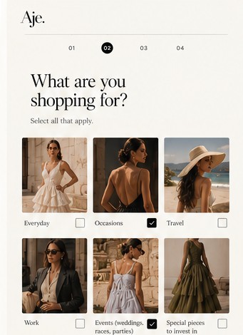 My Aje account mock up: What are you shopping for?