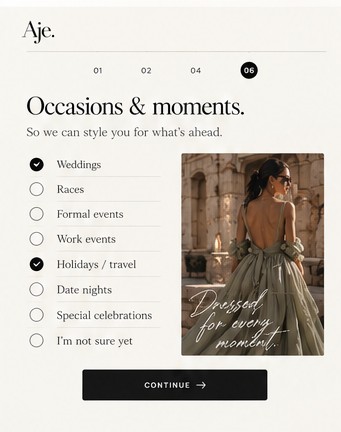 My Aje account mock up: Occasions and moments
