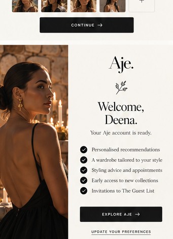My Aje account mock up: Welcome to Aje