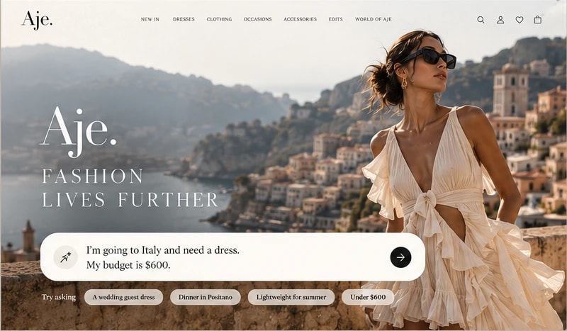 Aje homepage with an AI assistant: I’m going to Italy and need a dress. My budget is $600.