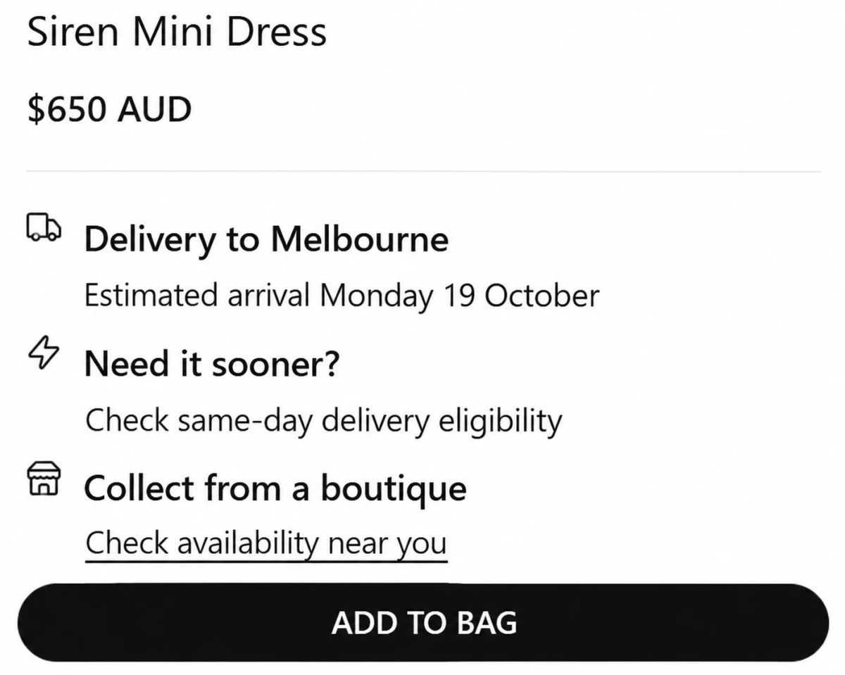 Product page delivery module: delivery to Melbourne with estimated arrival, same day delivery eligibility check, collect from a boutique and an Add to Bag button