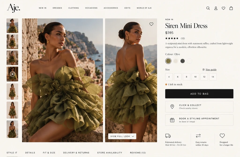 Siren Mini Dress product page with gallery, size guide, click and collect, book a styling appointment and delivery information