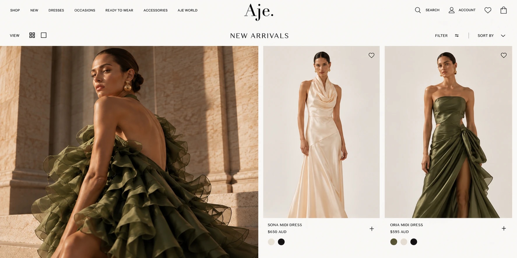 New Arrivals product listing page with a large editorial campaign image beside model led product tiles, filter, sort and quick add