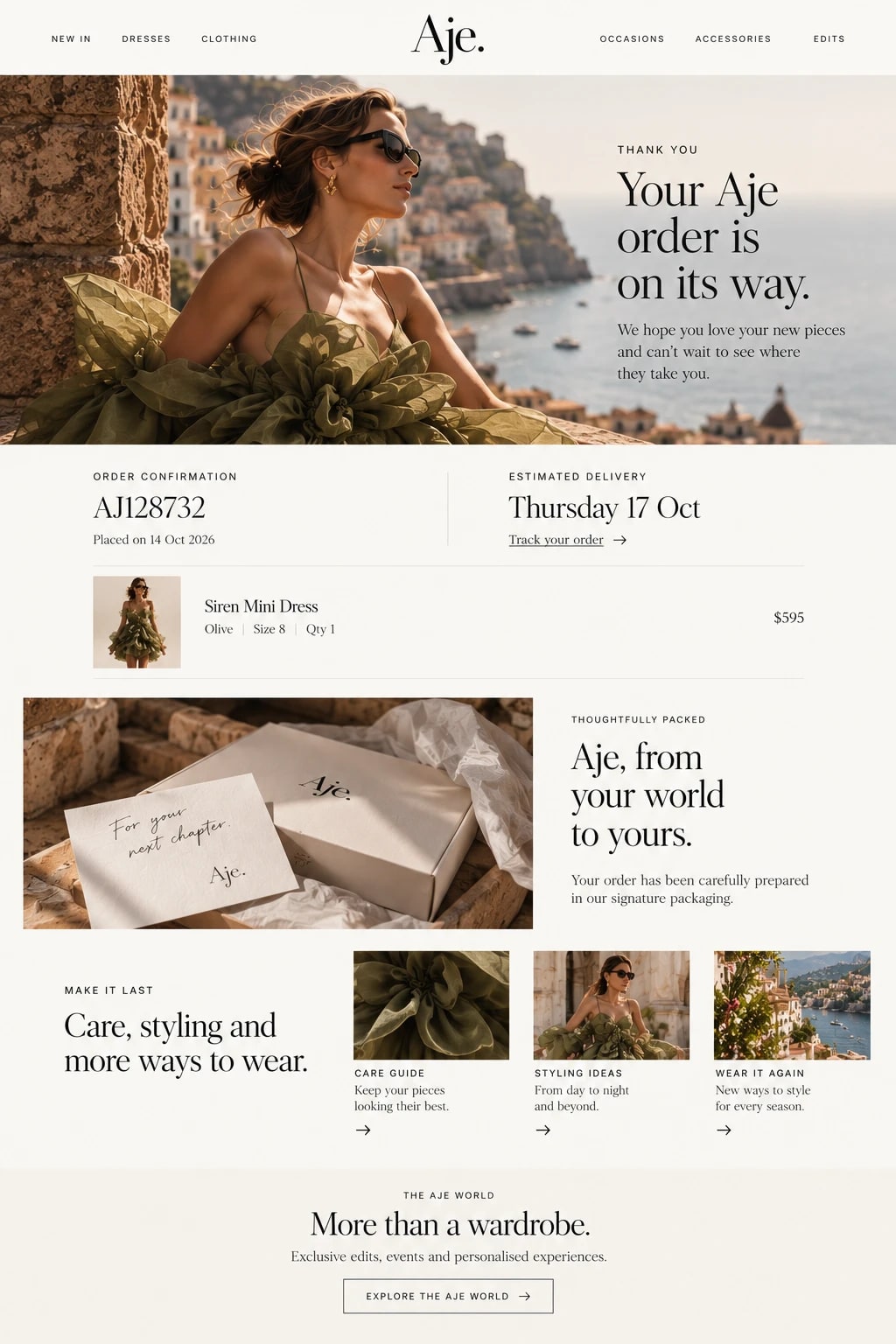 Post purchase email: your order is on its way, thoughtfully packed, with care, styling and Wear It Again content